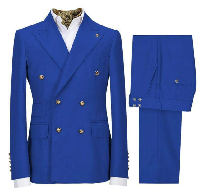 Royal Blue Double-Breasted Men's Suit Set with Gold Button Accents
