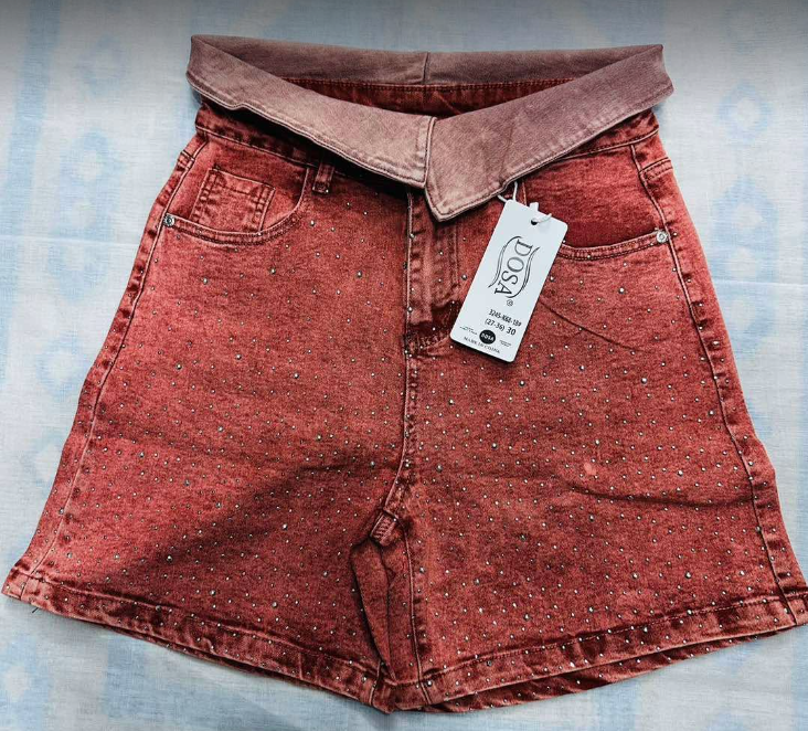 Women's Rhinestone Fold-Over Waist Denim Shorts