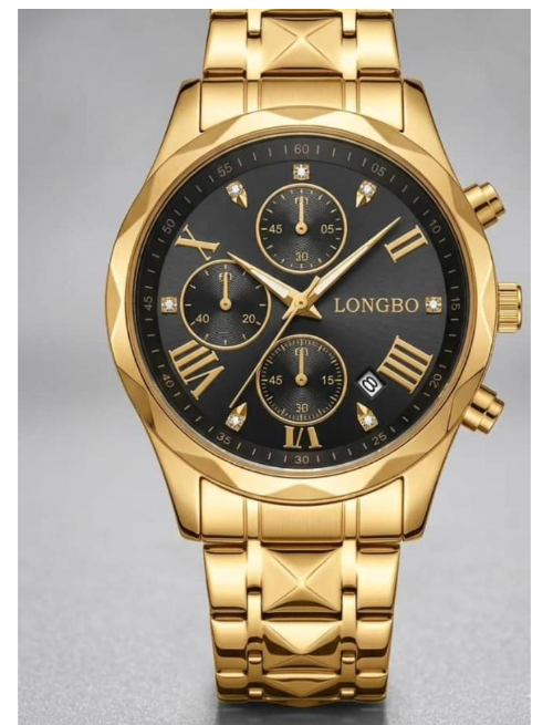 LONGBO Luxury Gold Chronograph Watch with Elegant Gold-Plated Stainless Steel Bracelet and Black Dia